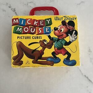 Disney Mickey Mouse Picture Cubes 12 Wood Blocks Puzzle Box Set 60s West Germany
